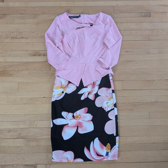 Homeyee Dress Size S Pink Floral Long Sleeve Straight Knit - Picture 1 of 9